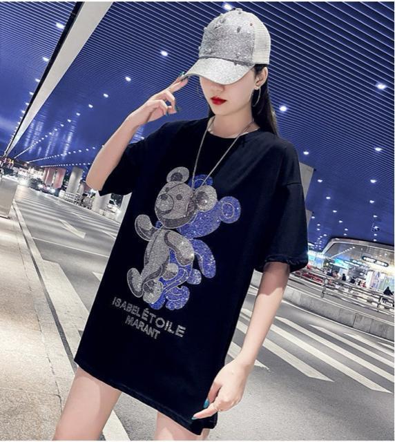 ゆったりtシャツ  ロング丈キラキララインストーン付き ダブルクマ柄 大きいサイズ < 女性ファッション  ゆったりtシャツ  ロング丈キラキララインストーン付き ダブルクマ柄 大きいサイズ < 女性ファッションの