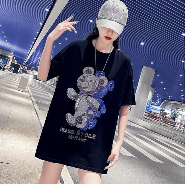 ゆったりtシャツ  ロング丈キラキララインストーン付き ダブルクマ柄 大きいサイズ < 女性ファッション  ゆったりtシャツ  ロング丈キラキララインストーン付き ダブルクマ柄 大きいサイズ < 女性ファッションの