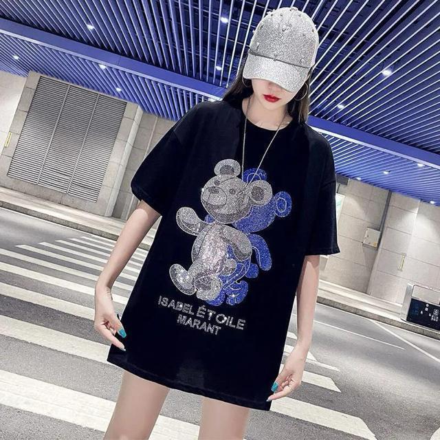 ゆったりtシャツ  ロング丈キラキララインストーン付き ダブルクマ柄 大きいサイズ < 女性ファッション  ゆったりtシャツ  ロング丈キラキララインストーン付き ダブルクマ柄 大きいサイズ < 女性ファッションの