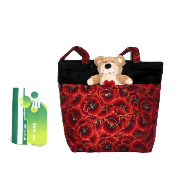 ◆ちょっと持ちお散歩ミニバッグ◆Japanesque和柄◆赤い牡丹×黒地◆外ポケA < 女性ファッション ◆ちょっと持ちお散歩ミニバッグ◆Japanesque和柄◆赤い牡丹×黒地◆外ポケA < 女性ファッションの