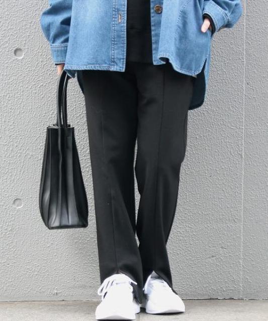 定価6,930円●OIOI マルイ購入●美脚パンツ●メランジツイルスリットパンツ●L 黒ブラック < 女性ファッション  定価6,930円●OIOI マルイ購入●美脚パンツ●メランジツイルスリットパンツ●L 黒ブラック < 女性ファッションの