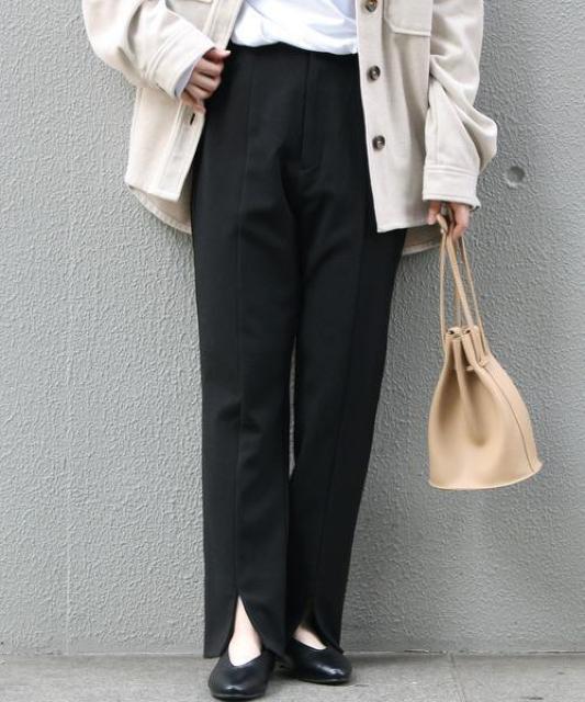定価6,930円●OIOI マルイ購入●美脚パンツ●メランジツイルスリットパンツ●L 黒ブラック < 女性ファッション  定価6,930円●OIOI マルイ購入●美脚パンツ●メランジツイルスリットパンツ●L 黒ブラック < 女性ファッションの