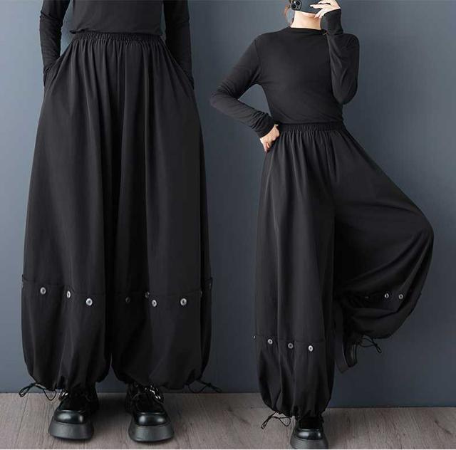 ワイドパンツ ガウチョパンツ 飾りボタン付き ブラック 大きいサイズ < 女性ファッション ワイドパンツ ガウチョパンツ 飾りボタン付き ブラック 大きいサイズ < 女性ファッションの