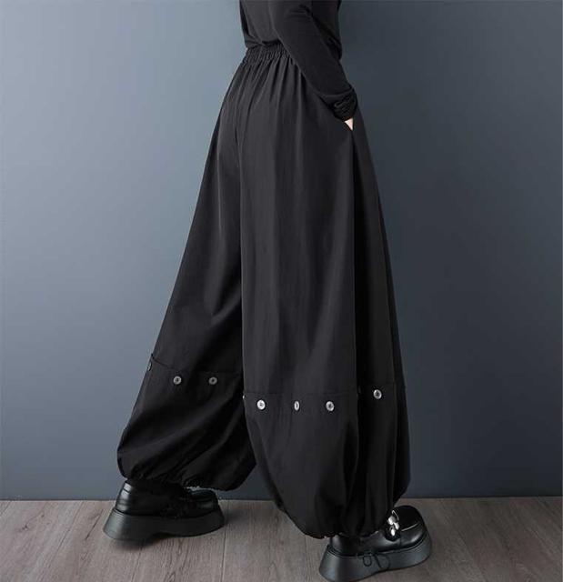 ワイドパンツ ガウチョパンツ 飾りボタン付き ブラック 大きいサイズ < 女性ファッション ワイドパンツ ガウチョパンツ 飾りボタン付き ブラック 大きいサイズ < 女性ファッションの