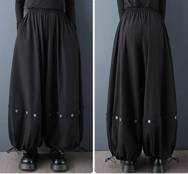 ワイドパンツ ガウチョパンツ 飾りボタン付き ブラック 大きいサイズ < 女性ファッション ワイドパンツ ガウチョパンツ 飾りボタン付き ブラック 大きいサイズ < 女性ファッションの