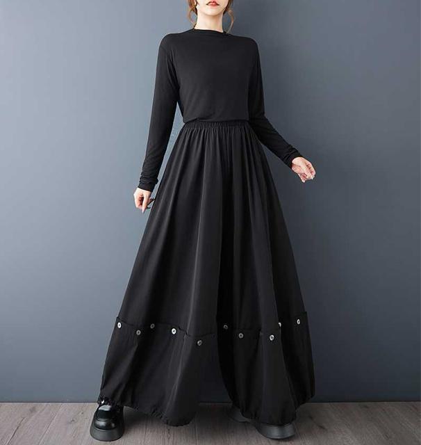 ワイドパンツ ガウチョパンツ 飾りボタン付き ブラック 大きいサイズ < 女性ファッション ワイドパンツ ガウチョパンツ 飾りボタン付き ブラック 大きいサイズ < 女性ファッションの