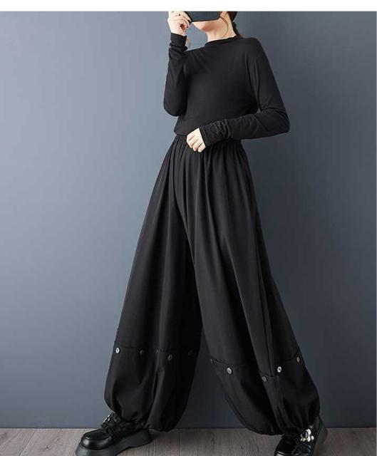 ワイドパンツ ガウチョパンツ 飾りボタン付き ブラック 大きいサイズ < 女性ファッション ワイドパンツ ガウチョパンツ 飾りボタン付き ブラック 大きいサイズ < 女性ファッションの