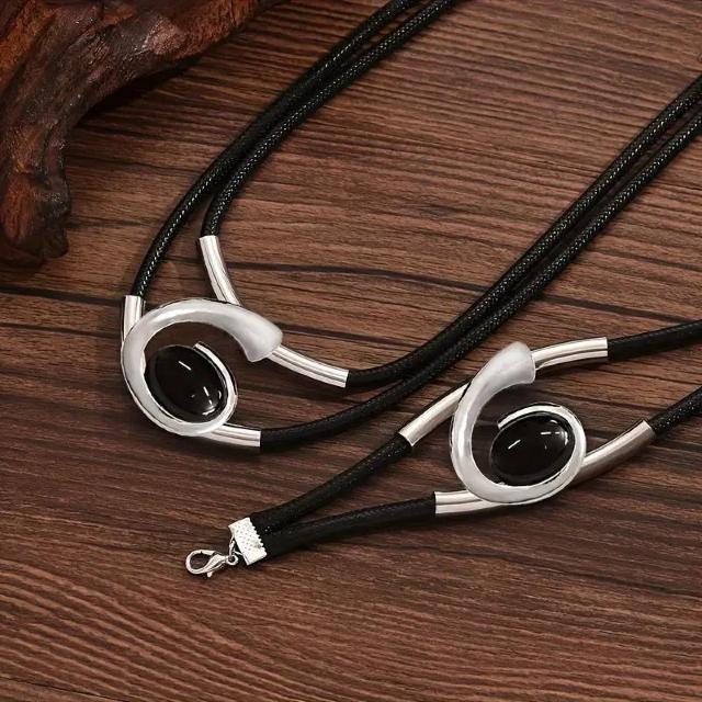超お買い得890円★ヴィンテージ ダブルレイヤー ブラックロープデザイン オーバルペンダント ネックレス&ブレスレットセット < 女性アクセサリー/時計  超お買い得890円★ヴィンテージ ダブルレイヤー ブラックロープデザイン オーバルペンダント ネックレス&ブレスレットセット < 女性アクセサリー/時計の