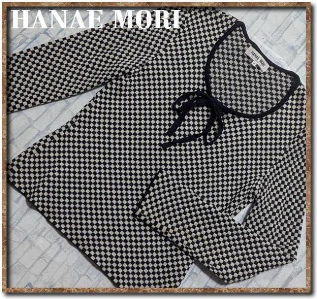 ハナエモリ リボン付き市松模様ニット 白×黒☆やや難 < ブランド ハナエモリ リボン付き市松模様ニット 白×黒☆やや難 < ブランドの