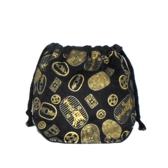 【底マチ幅が広い巾着】◆金色小判・天保通貨×黒地◆裏地あり巾着 < 女性ファッション 【底マチ幅が広い巾着】◆金色小判・天保通貨×黒地◆裏地あり巾着 < 女性ファッションの