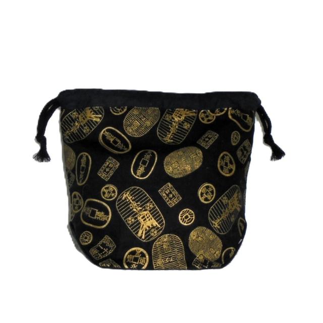 【底マチ幅が広い巾着】◆金色小判・天保通貨×黒地◆裏地あり巾着 < 女性ファッション 【底マチ幅が広い巾着】◆金色小判・天保通貨×黒地◆裏地あり巾着 < 女性ファッションの