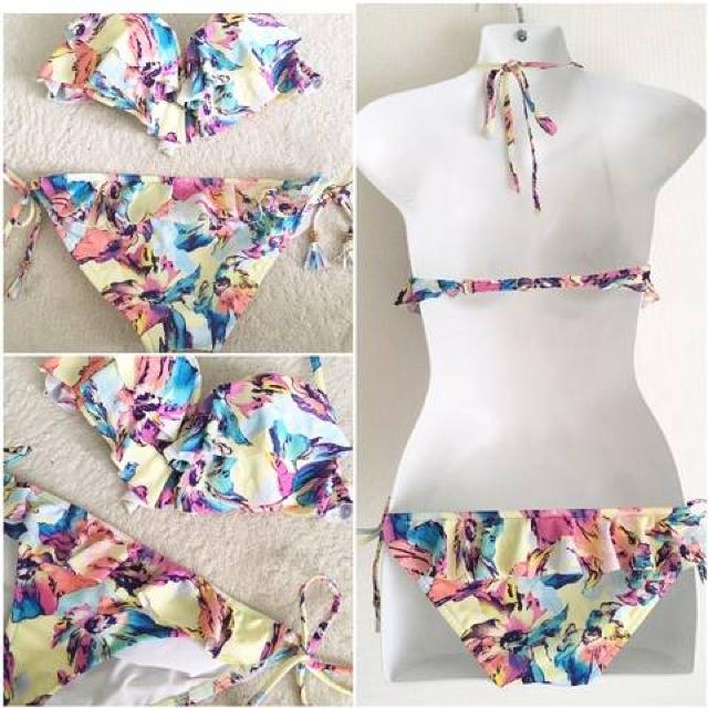 レモンイエローフラワーフリルビキニ水着リボンタッセルリゾート < 女性ファッション レモンイエローフラワーフリルビキニ水着リボンタッセルリゾート < 女性ファッションの