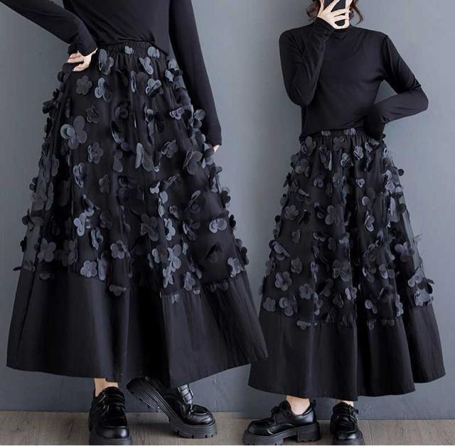 裏地付き フレアスカート ロング丈 蝶々&花柄 ブラック 大きいサイズ < 女性ファッション 裏地付き フレアスカート ロング丈 蝶々&花柄 ブラック 大きいサイズ < 女性ファッションの