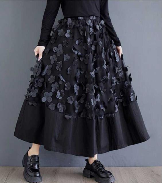 裏地付き フレアスカート ロング丈 蝶々&花柄 ブラック 大きいサイズ < 女性ファッション 裏地付き フレアスカート ロング丈 蝶々&花柄 ブラック 大きいサイズ < 女性ファッションの