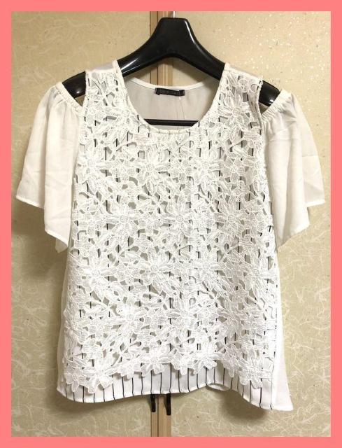 ☆新品☆ゆるカワ♪スタイルアップ♪レースストライプシフォンオフショルダーL☆ < 女性ファッション  ☆新品☆ゆるカワ♪スタイルアップ♪レースストライプシフォンオフショルダーL☆  < 女性ファッションの