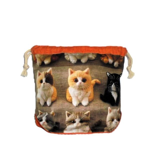 【底マチ幅が広い巾着】◆猫ぬいぐるみ×オレンジ◆裏地あり巾着 < 女性ファッション 【底マチ幅が広い巾着】◆猫ぬいぐるみ×オレンジ◆裏地あり巾着 < 女性ファッションの