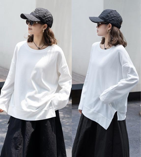 アシメ スリット入り トレーナー tシャツ ホワイト 大きいサイズ < 女性ファッション アシメ スリット入り トレーナー tシャツ ホワイト 大きいサイズ < 女性ファッションの