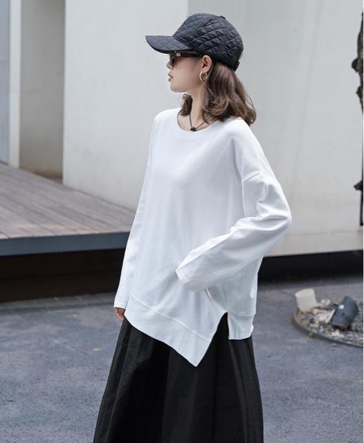 アシメ スリット入り トレーナー tシャツ ホワイト 大きいサイズ < 女性ファッション アシメ スリット入り トレーナー tシャツ ホワイト 大きいサイズ < 女性ファッションの