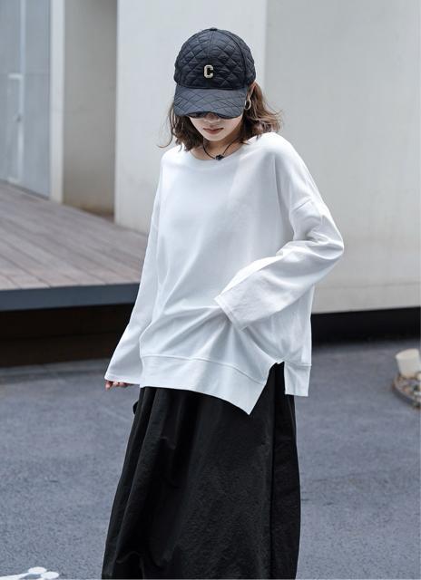 アシメ スリット入り トレーナー tシャツ ホワイト 大きいサイズ < 女性ファッション アシメ スリット入り トレーナー tシャツ ホワイト 大きいサイズ < 女性ファッションの