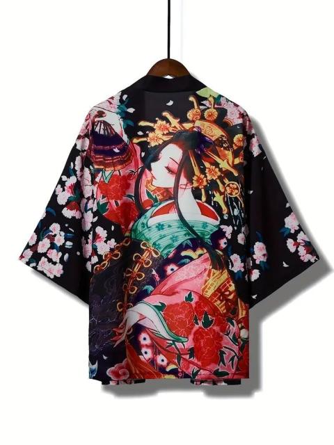 爆ヤス価格1490円★花柄のフロントオープンキモノ、春と秋用のヴィンテージ長袖カバーアップ、レディース服 黒 フリー < 女性ファッション  爆ヤス価格1490円★花柄のフロントオープンキモノ、春と秋用のヴィンテージ長袖カバーアップ、レディース服 黒 フリー  < 女性ファッションの