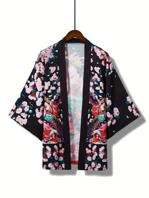 爆ヤス価格1490円★花柄のフロントオープンキモノ、春と秋用のヴィンテージ長袖カバーアップ、レディース服 黒 フリー < 女性ファッション  爆ヤス価格1490円★花柄のフロントオープンキモノ、春と秋用のヴィンテージ長袖カバーアップ、レディース服 黒 フリー < 女性ファッションの