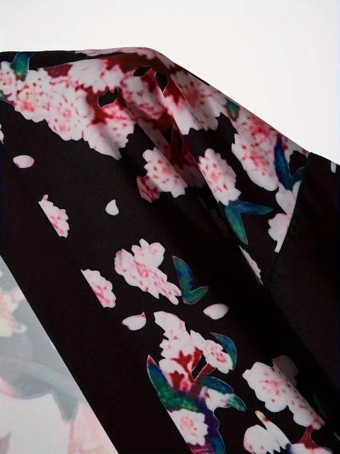 爆ヤス価格1490円★花柄のフロントオープンキモノ、春と秋用のヴィンテージ長袖カバーアップ、レディース服 黒 フリー < 女性ファッション  爆ヤス価格1490円★花柄のフロントオープンキモノ、春と秋用のヴィンテージ長袖カバーアップ、レディース服 黒 フリー < 女性ファッションの