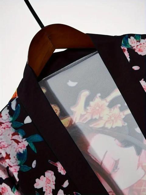 爆ヤス価格1490円★花柄のフロントオープンキモノ、春と秋用のヴィンテージ長袖カバーアップ、レディース服 黒 フリー < 女性ファッション  爆ヤス価格1490円★花柄のフロントオープンキモノ、春と秋用のヴィンテージ長袖カバーアップ、レディース服 黒 フリー < 女性ファッションの