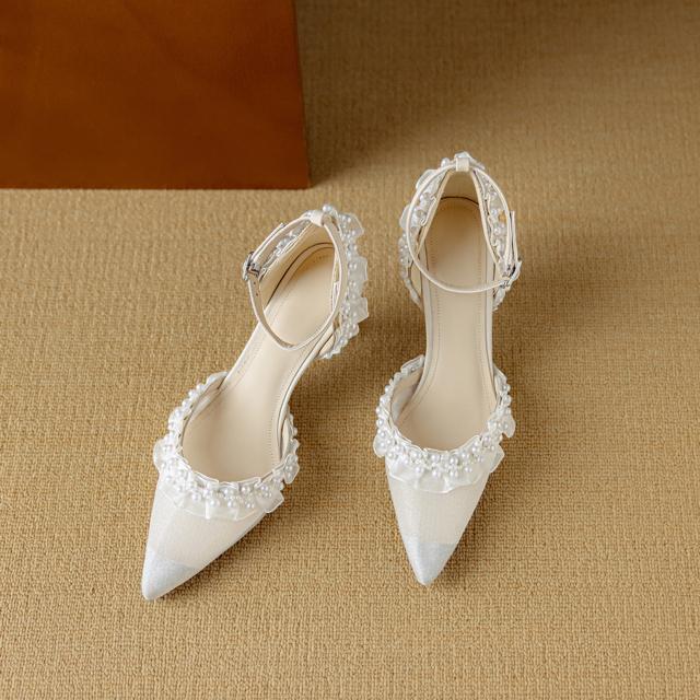 ポインテッドトゥハラコレザーパールフリルレースシースルーメッシュアンクルストラップサンダル全2色 < 女性ファッション  ポインテッドトゥハラコレザーパールフリルレースシースルーメッシュアンクルストラップサンダル全2色 < 女性ファッションの