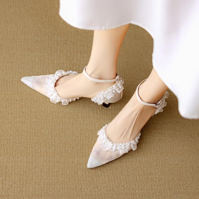 ポインテッドトゥハラコレザーパールフリルレースシースルーメッシュアンクルストラップサンダル全2色 < 女性ファッション  ポインテッドトゥハラコレザーパールフリルレースシースルーメッシュアンクルストラップサンダル全2色 < 女性ファッションの
