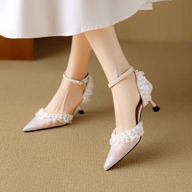 ポインテッドトゥハラコレザーパールフリルレースシースルーメッシュアンクルストラップサンダル全2色 < 女性ファッション  ポインテッドトゥハラコレザーパールフリルレースシースルーメッシュアンクルストラップサンダル全2色 < 女性ファッションの