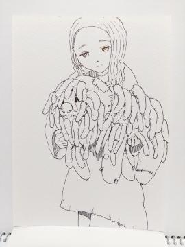 オリジナルイラスト 手描きイラスト ボロ ハンドメイド 絵 モノクロ 原画 白黒 アナログ アート インテリア 自作 art