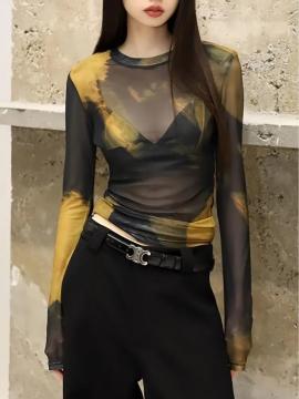 爆ヤス価格1490円★レディース シアー&セミシアー オールオーバープリント Tシャツ USAサイズM(日本サイズL相当)