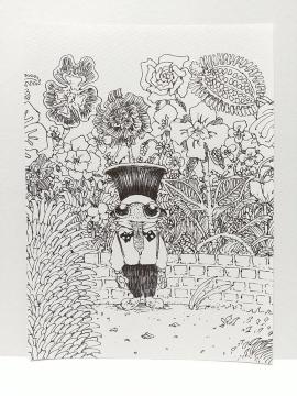 オリジナルイラスト 手描きイラスト 植物 花 蛙 ハンドメイド 絵 モノクロ アナログ アート インテリア 自作 原画 白黒