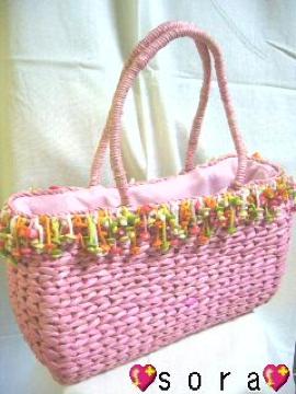 可愛い♪カラフルコード&ビーズ ストロートート かごバッグ