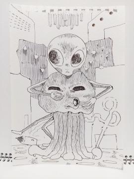 オリジナルイラスト 手描きイラスト タコ宇宙人とグレイくん ハンドメイド 絵 原画 アナログ アート モノクロ 自作 インテリア
