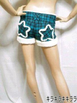 《New》スター型ポケット★タータンチェック柄・裾ボア*ショートパンツ<グリーンM>