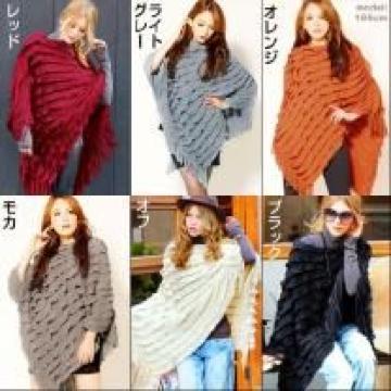 《New》スタイリッシュ★フリンジ付・ティアードフリル*ニットポンチョ<ライトグレー>