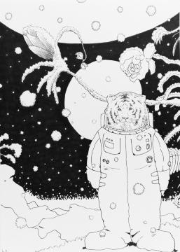 オリジナルイラスト 手描きイラスト ハンドメイド 粉星 インテリア 自作 原画 絵 モノクロ 白黒 宇宙 雪 虎 惑星