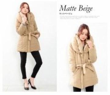 《New》エレガント★ボリューム襟・ウエストリボン*中綿ダウン風コート<ベージュL>