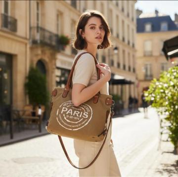 PARISロゴ 2WAY トートバッグ ショルダー付き キャンバスバッグ レディース 通勤 通学 旅行 大容量 おしゃれ 高見え