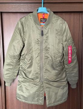 美品 ALPHA INDUSTRIES INC アルファ ロング MA-1 ミリタリーカーキ Sサイズ ダウン ロングジャケット