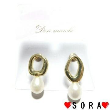 キラキラ ゴールド♪シンプル 楕円フープ&パールデザイン ピアス