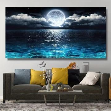 爆ヤス価格690円★現代の海洋と夜の月の風景のポスター版画キャンバスペインティング、インテリアギャラリー 50cm×〜100cm