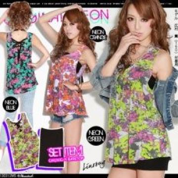 【夢展望】可愛い♪背中レースチュニック×ベア2点セット ネオンブルー