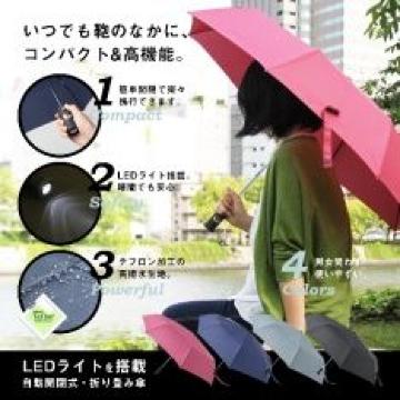 ワンタッチ開閉式 LEDライト付♪グラスファイバー折り畳み傘 収納袋付 グレー