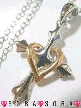 【プラチナ】2way♪ハートクロスネックレス 巾着袋付 ピンクゴールド