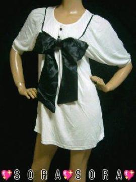 可愛い♪フェミニン 肩ラインレース 胸元でかサテンリボン パフスリ チュニックワンピ