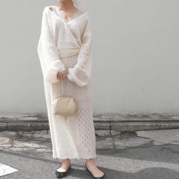 ◆Who's Who Chico/フーズフーチコ◆透かし柄ロングスカート★アイボリーF*秋コーデ♪美品