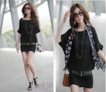 ゆるカジSexy着やせ効果抜群ウエストゴム入り美ライン♪オフショルドルマンTシャツ.チュニックワンピ ブラック