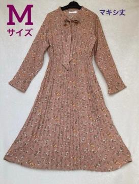 花柄 リボンタイ付 長袖 ロング マキシ丈 プリーツ ワンピース M フェミニン N2m